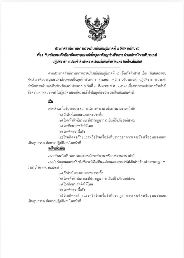 ประกาศสำนักงานการตรวจเงินแผ่นดินภูมิภาคที่ 9 (จังหวัดลำปาง) เรื่อง รับสมัครสอบคัดเลือกเพื่อบรรจุและแต่งตั้งบุคคลเป็นลูกจ้างชั่วคราว ตำแหน่ง พนักงานขับรถยนต์ปฏิบัติราชการประจำสำนักตรวจเงินแผ่นดินจังหวัดแพร่ (แก้ไขเพิ่มเติม)
